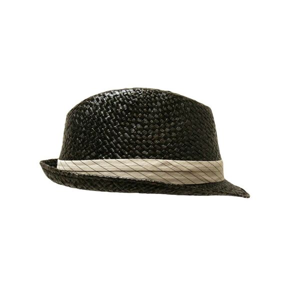 Black Woven Fedora Hat With Pinstriped Hat Band - Picture 4 of 9